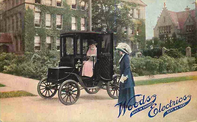 A postcard advert of the Woods Electrics carriage, circa 1912.