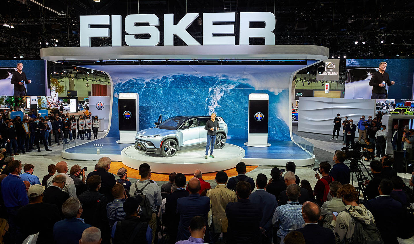Fisker Inc. CEO Henrik Fisker unveiling the production-intent version of the company’s all-electric, sustainability focused SUV, the Ocean, at the L.A. Auto Show.