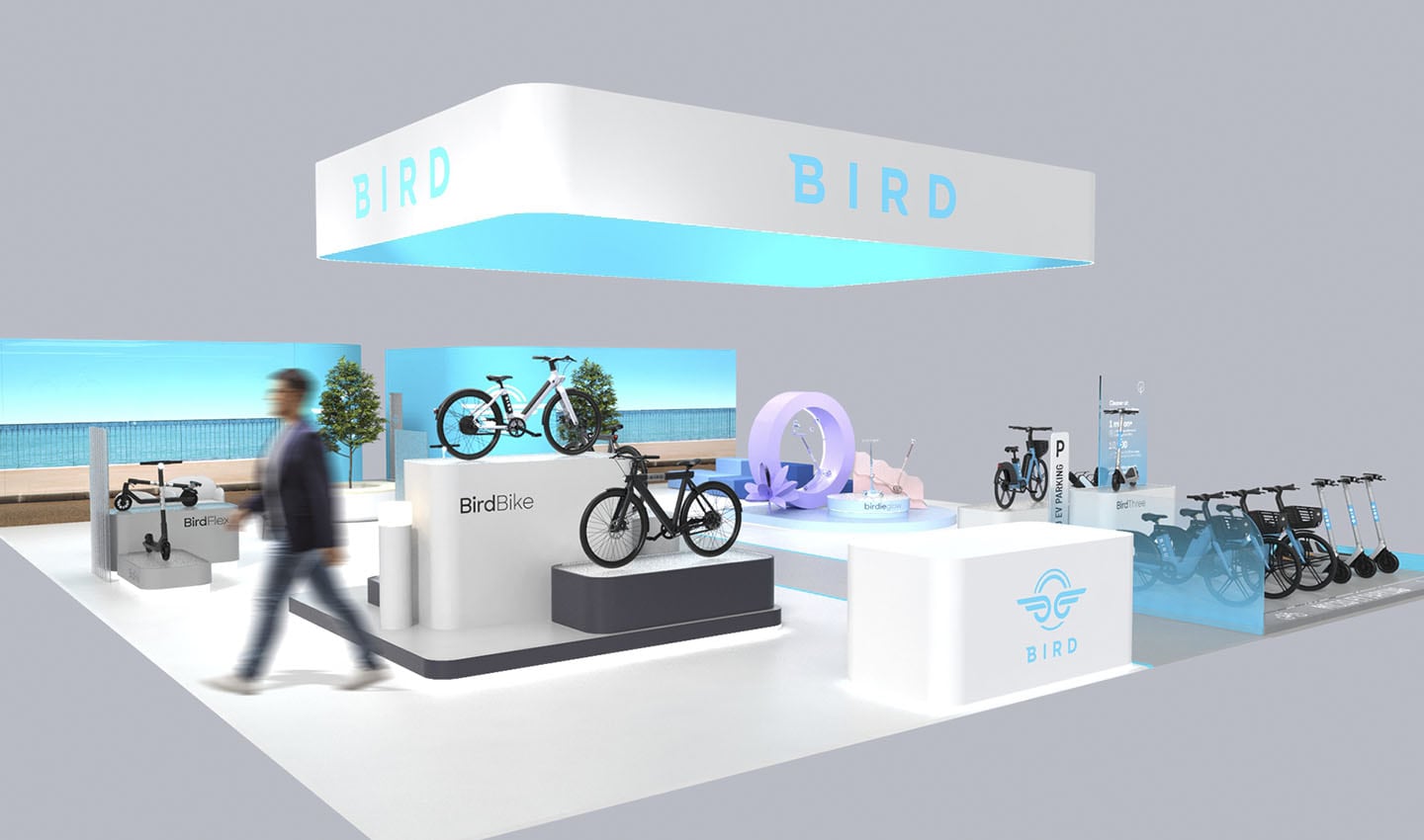 Bird’s booth at CES showed off all kinds of micromobility options, ebikes, escooters and kick scooters.