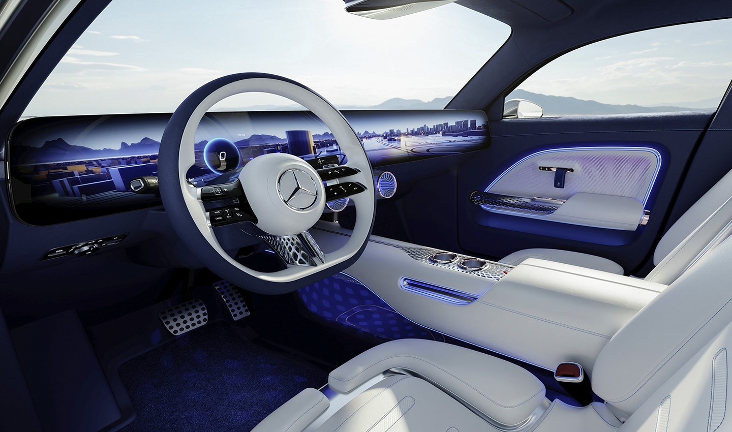 The Mercedes-Benz Vision EQXX takes the dashboard display to the next level. Seamless, wide and majestic.
