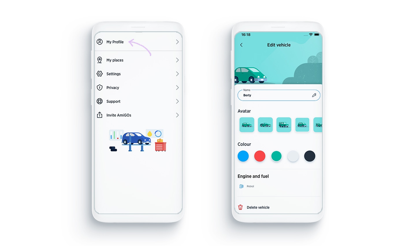 Before setting up personalization, you need to go to ‘My Profile’ in the AmiGO app. Once you've done that, you can now customize your vehicle, giving it a name, a body type, color and fuel type.